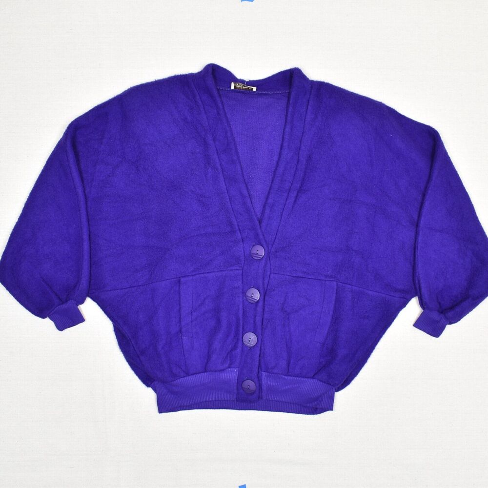 VTG Kathleen for Sweet Herb Women Cardigan Sweater Wool Purple L USA Made Padded